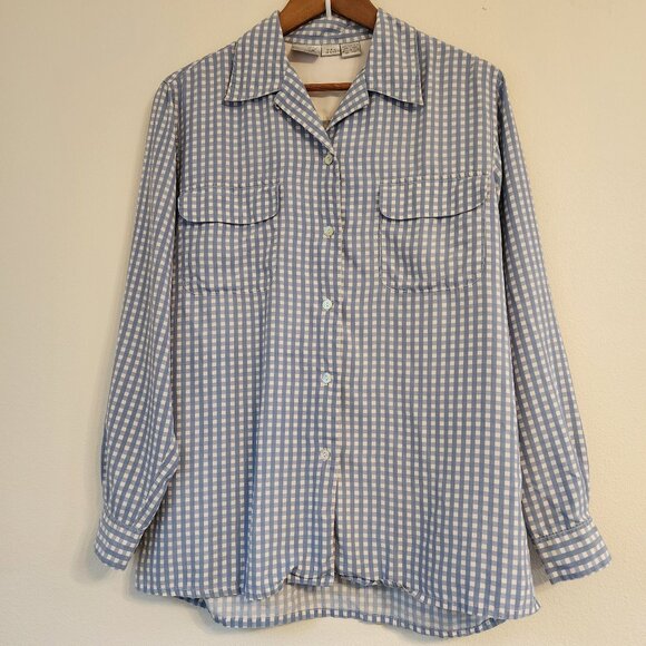 Vtg Jacqueline Ferrar 100% Silk Button Down Checkered Blue Sz 8/M Classic Retro - Picture 1 of 16